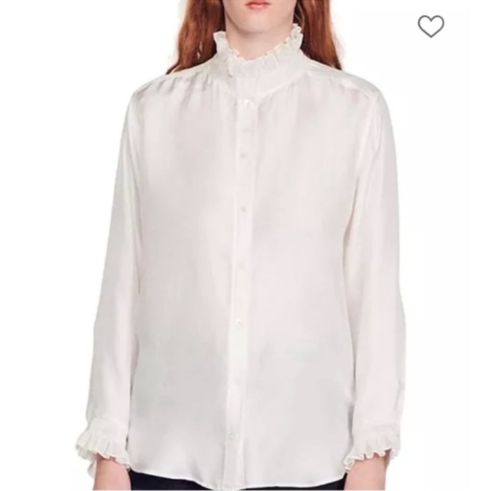 Sandro Silk Ecru Bloused with Ruffled Collar